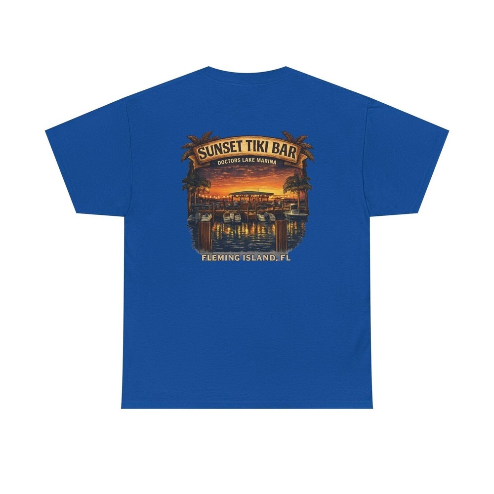 Sunset Tiki Bar TShirt - Unisex Heavy Cotton Tee Royal